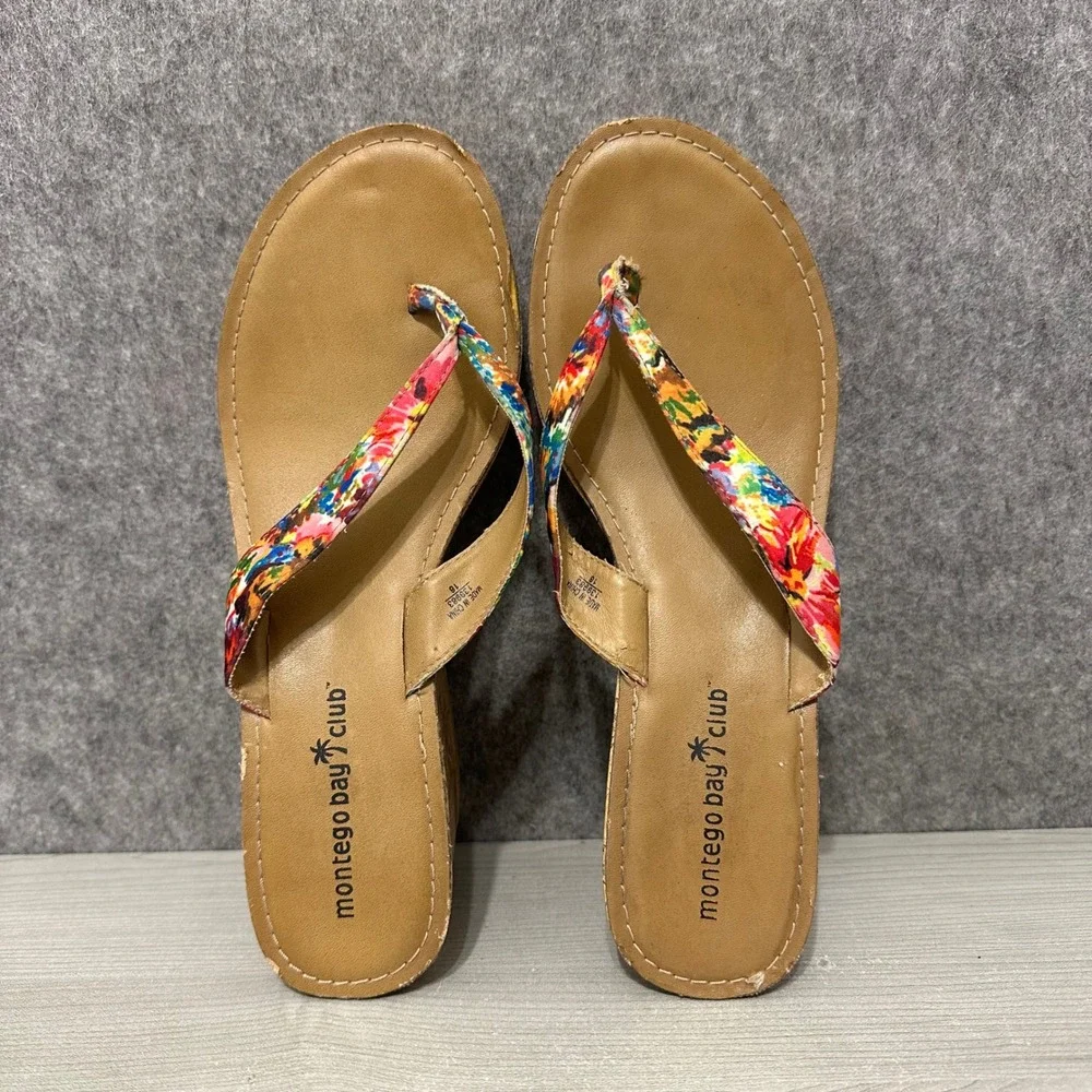 Montego Bay Club Womens Sz 10 Multicolor Floral Cork‎ Wedge Thong Sandals